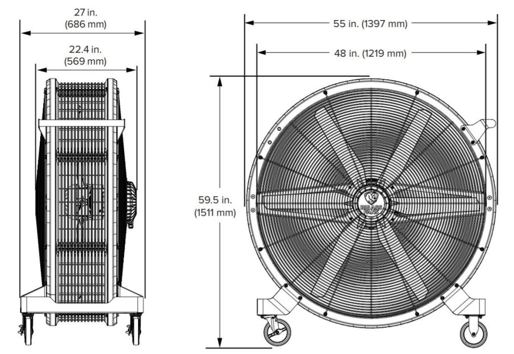 drawing of the sidekick industrial portable fan by big ass fans